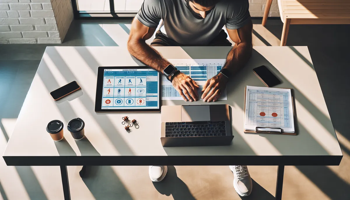 Fitness coach building a training program on a laptop at a clean modern desk