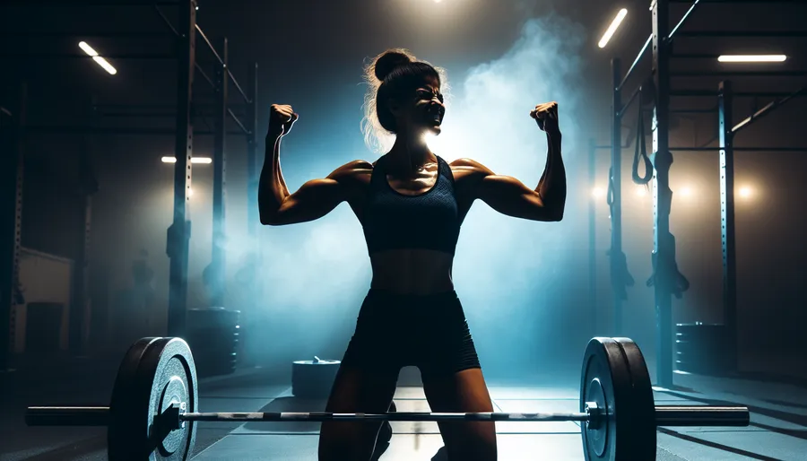 Athlete celebrating a personal record with a fist pump after a big lift in a dramatically lit gym