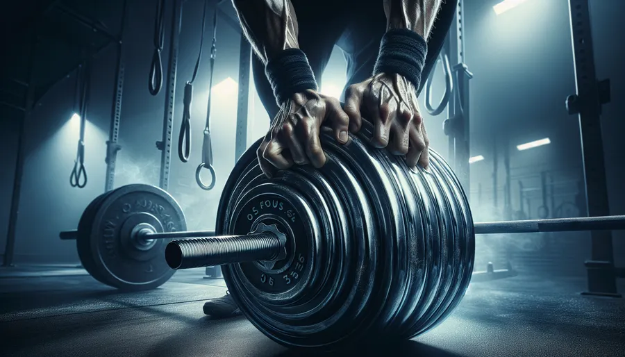 Close-up of hands loading weight plates onto a barbell, representing the layered structure of training program design