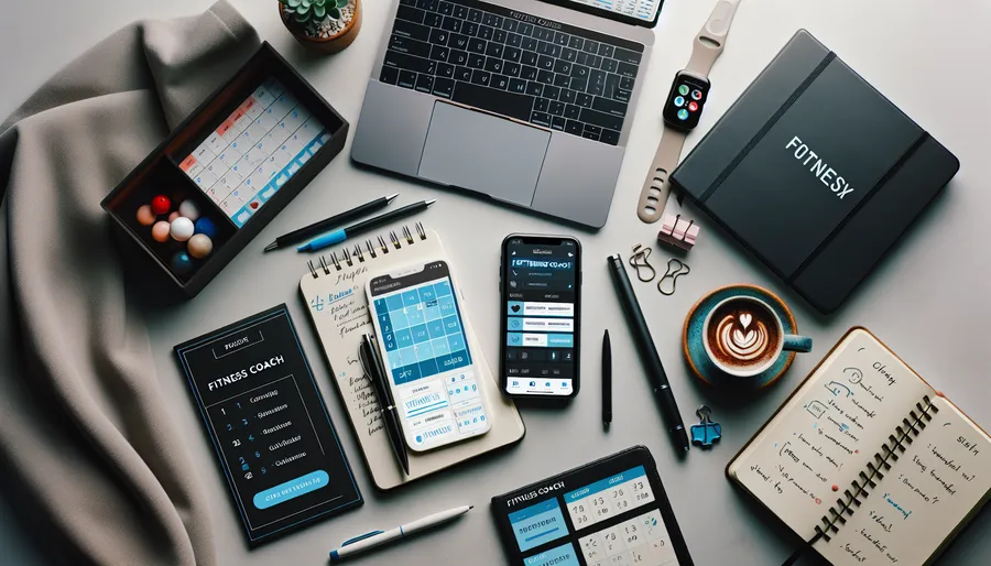 A coach's workspace with laptop showing a training calendar, phone with workout app, and programming notes