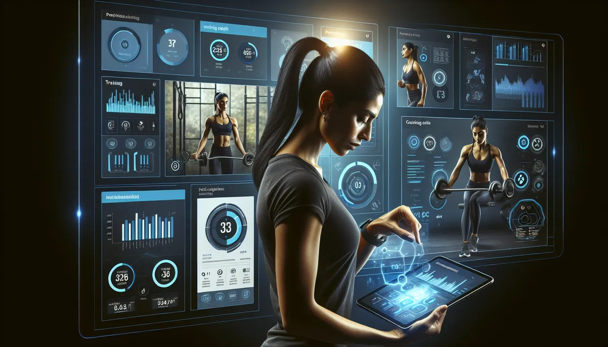 Online fitness coach reviewing training program analytics on a digital dashboard