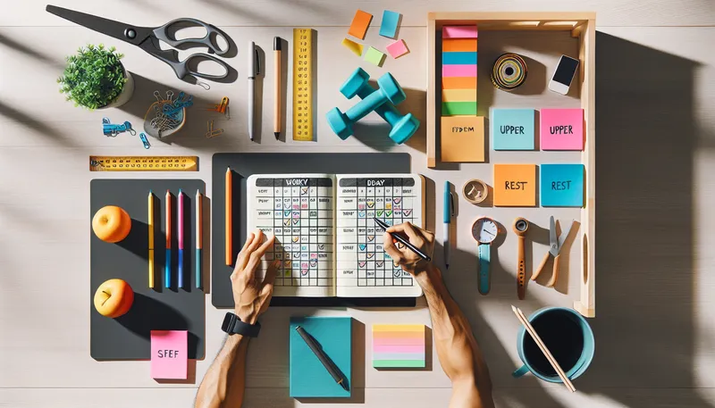 A coach's weekly training planner laid out on a clean desk with workout days mapped out