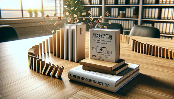 Row of wooden dominoes falling in sequence on a desk leading to onboarding materials