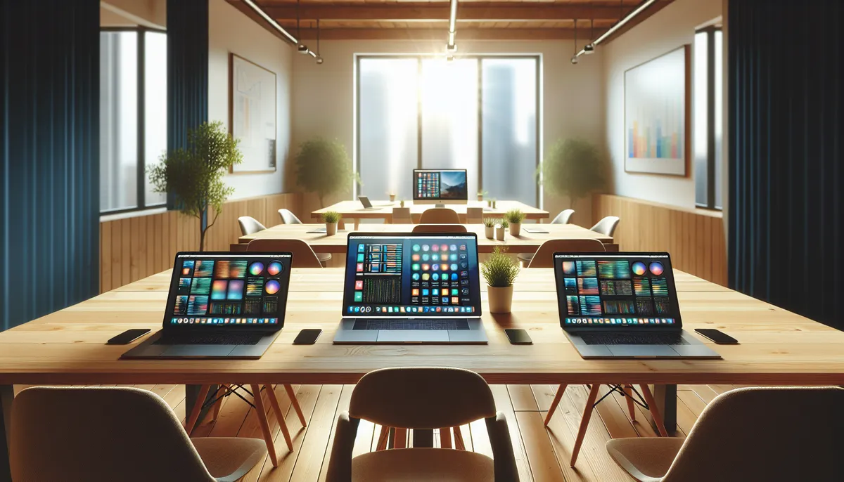 Three open laptops side by side on a long wooden table showing different interfaces