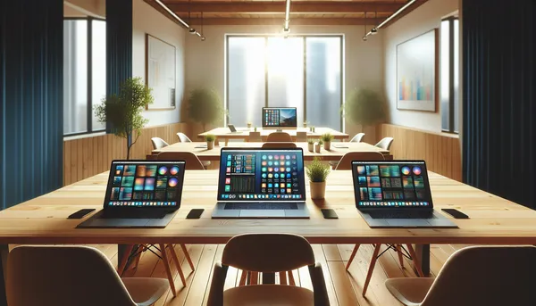 Three open laptops side by side on a long wooden table showing different interfaces