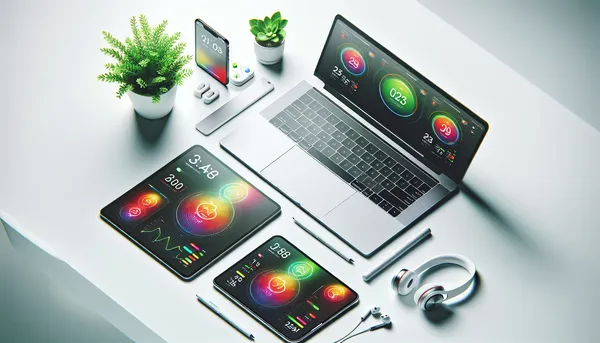 Coach's workspace with multiple devices showing different types of fitness content