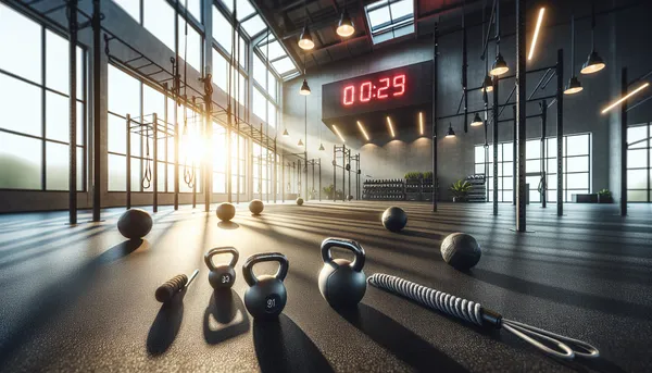 Gym floor with kettlebells, a jump rope, and a running interval timer