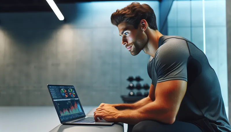 A fitness coach reviewing client workout performance data and progress charts on a laptop