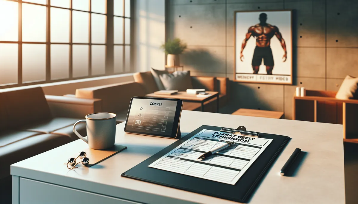 Coach's desk with a structured training plan and a tablet showing workout videos