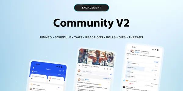 Modern fitness coaching app community feed with social interactions and reactions