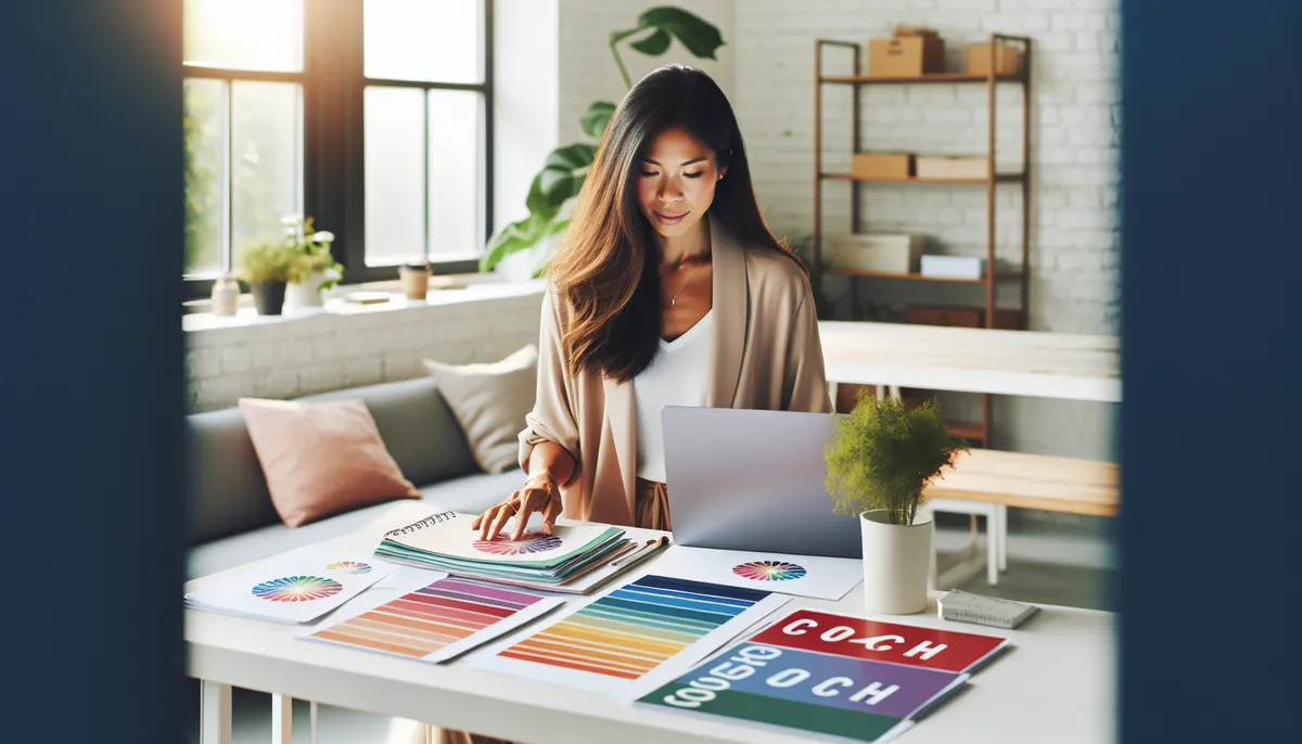Coach organizing digital content on a laptop with colorful folders spread on a clean desk