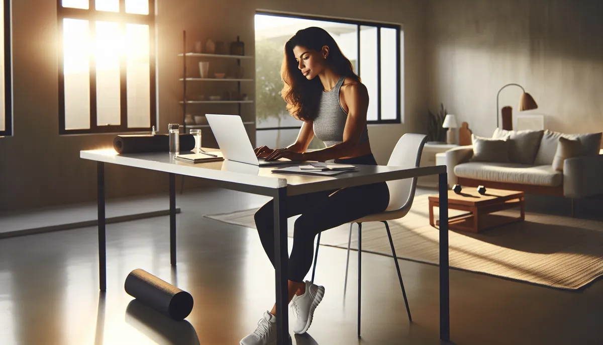 Fitness coach setting up workout content on a laptop in a bright studio