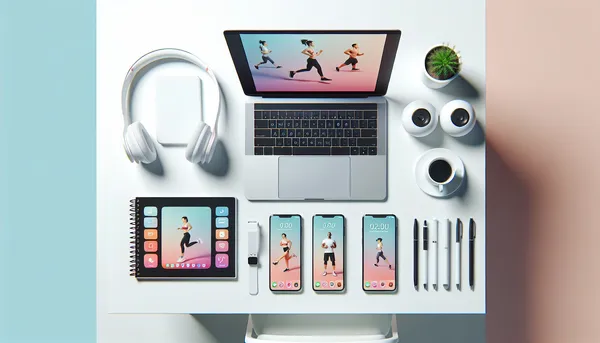 Single workout displayed on a laptop screen with multiple phones nearby showing the same content