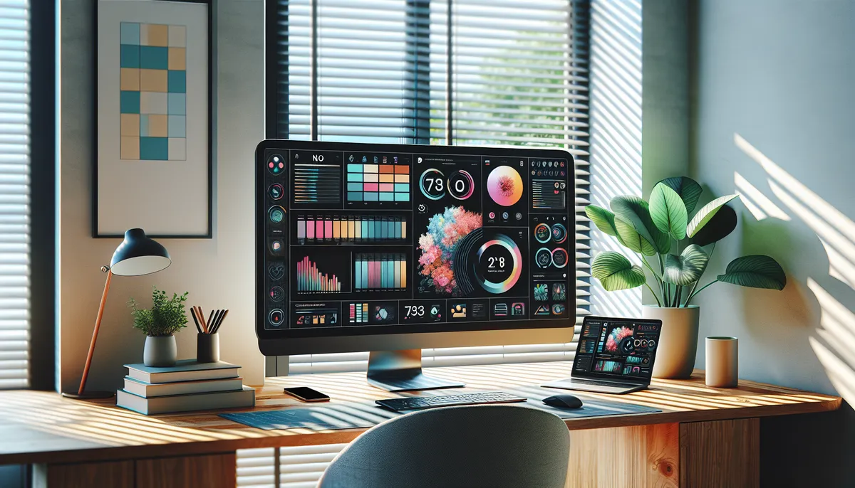 Modern home office with a large monitor showing a digital content dashboard