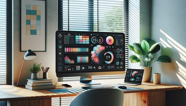 Modern home office with a large monitor showing a digital content dashboard