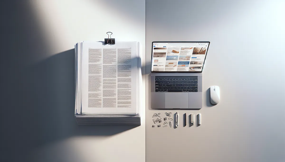 Stack of printed PDF documents next to a laptop showing web links on a desk