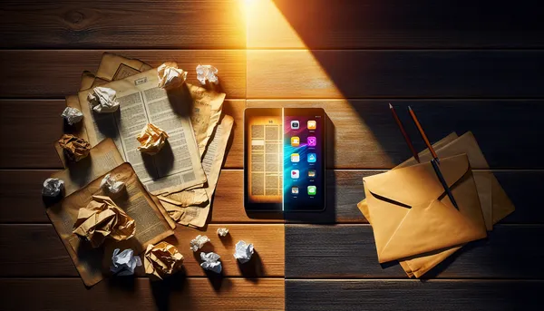 Sleek tablet displaying content next to old scattered paper printouts