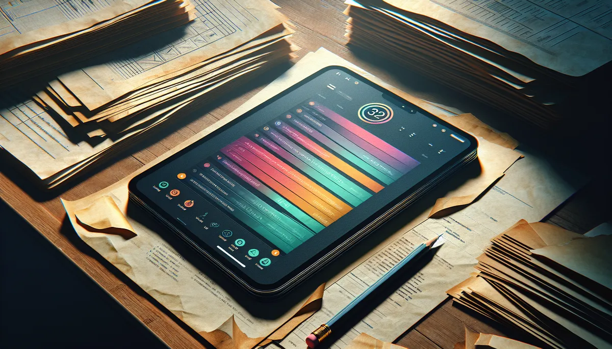 Modern tablet showing workout content next to a stack of old printed workout PDFs