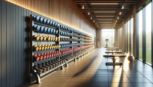 Neatly organized row of colorful dumbbells on a gym rack