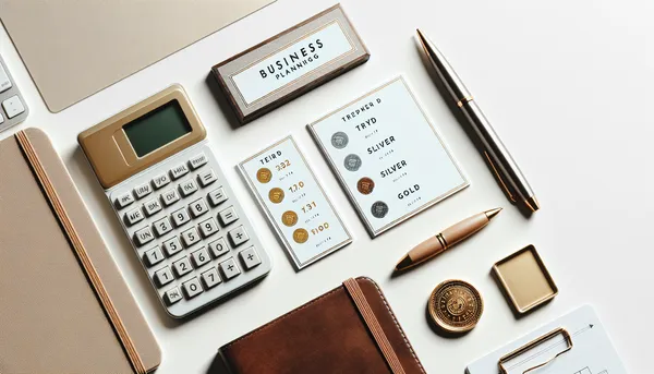 Calculator and pricing tier cards laid out on a clean desk