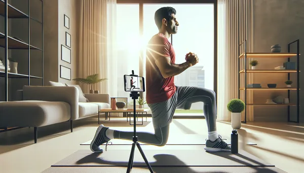 Person doing a home workout with a phone on a stand showing exercise guidance