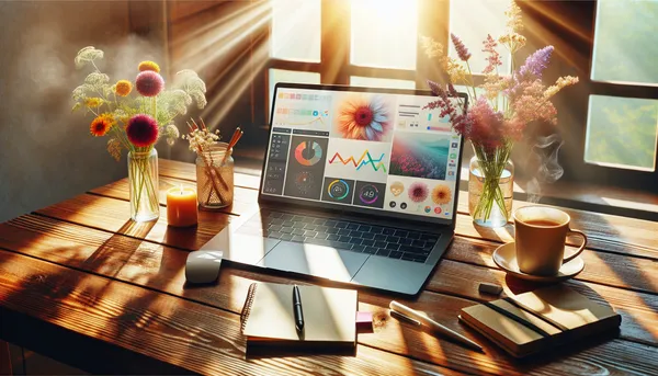 Fresh flowers in a vase next to a laptop showing updated content on a bright desk