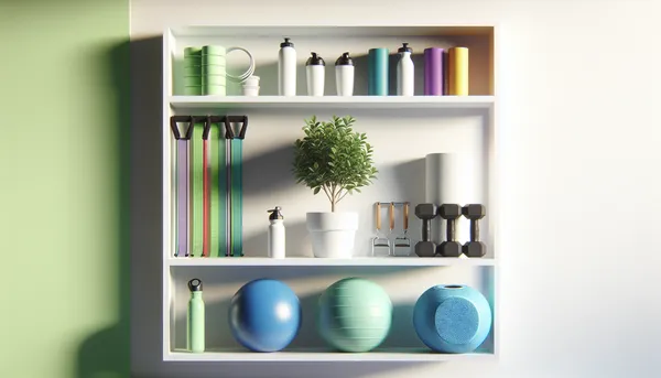 Fresh green plant growing next to workout equipment on a clean shelf