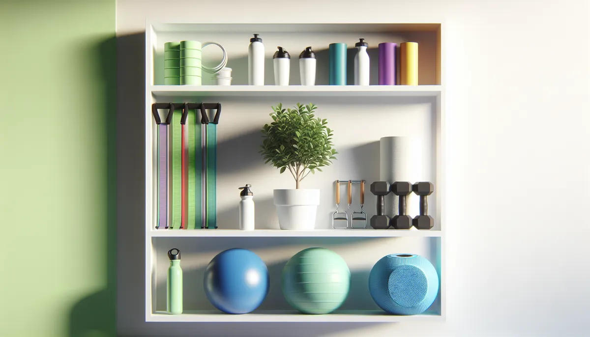 Fresh green plant growing next to workout equipment on a clean shelf