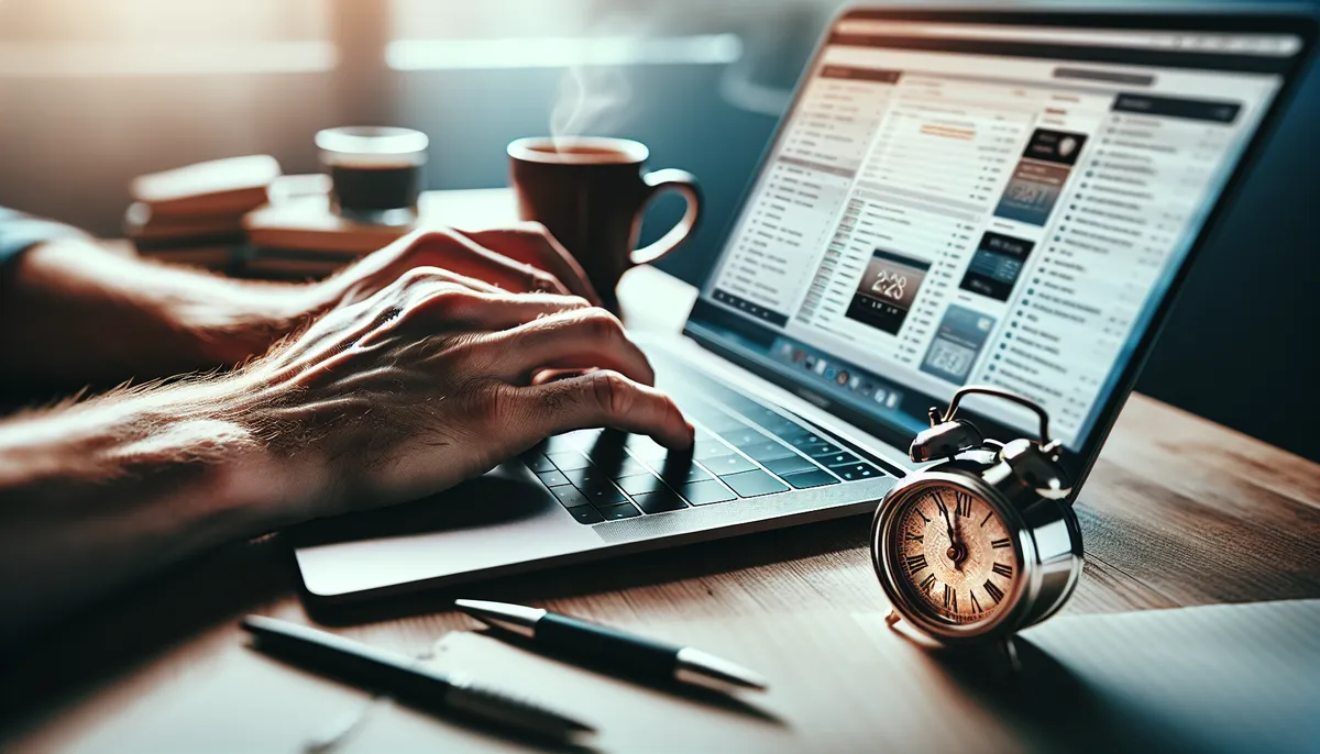 Hands on a laptop keyboard with a small desk timer and a coffee cup nearby