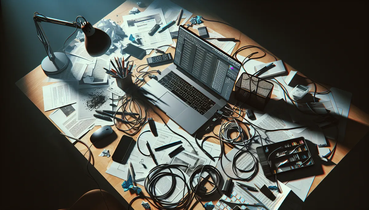 Messy desk with scattered printouts, tangled cables, and an overwhelmed workspace