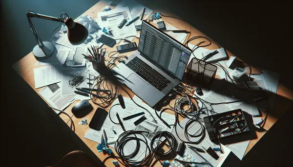 Messy desk with scattered printouts, tangled cables, and an overwhelmed workspace