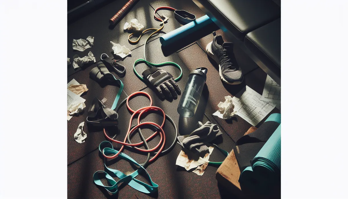 Tangled resistance bands and scattered gym accessories on a messy floor