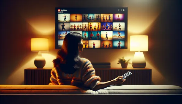 Person relaxing on a couch browsing fitness content on a large TV screen