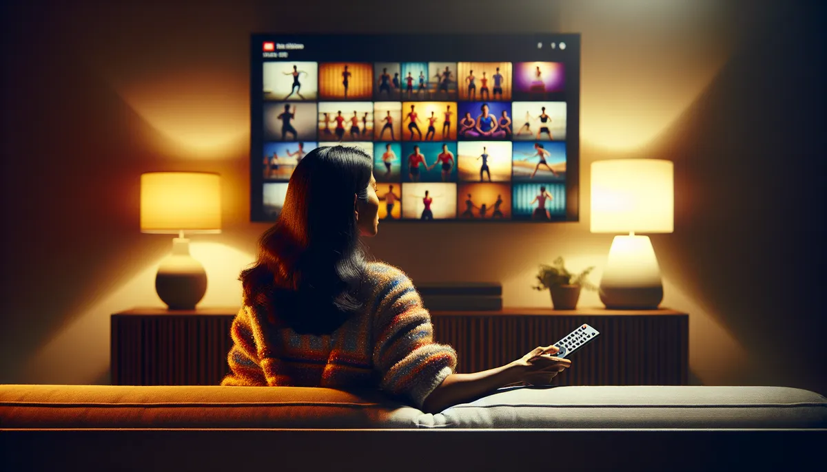 Person relaxing on a couch browsing fitness content on a large TV screen
