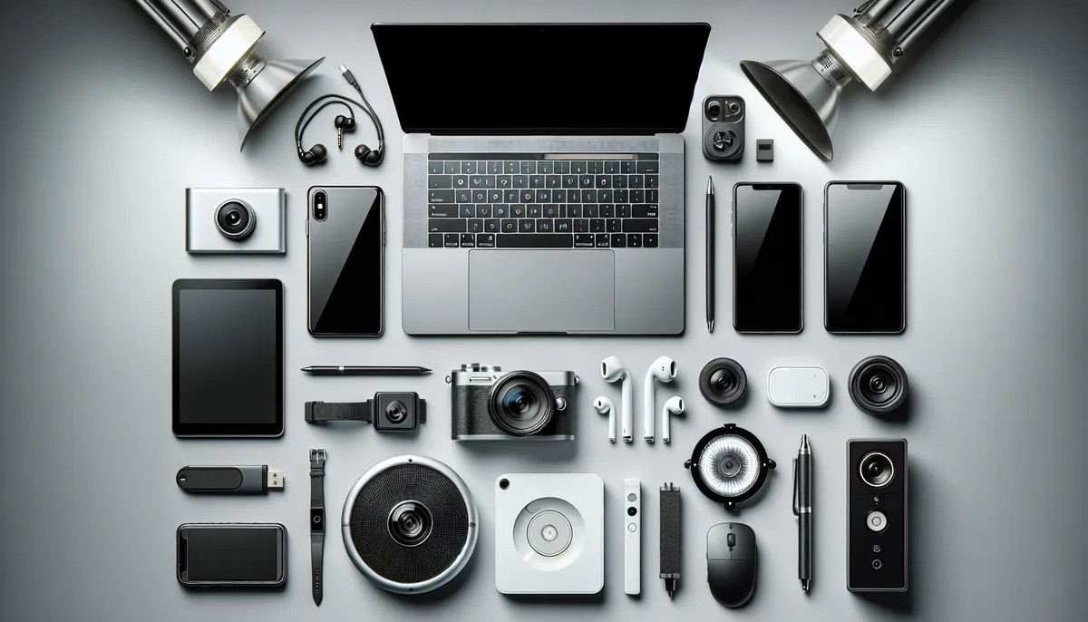 Neatly arranged technology devices and accessories on a desk