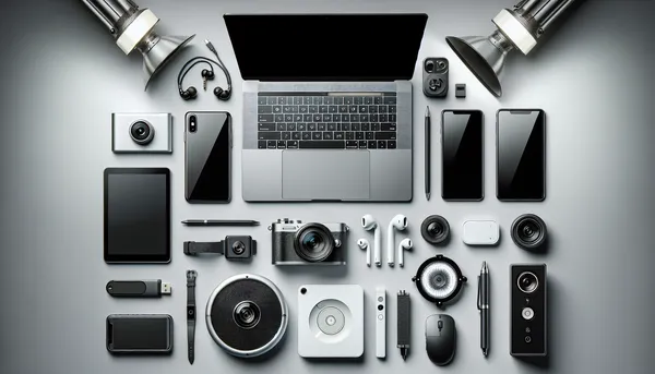 Neatly arranged technology devices and accessories on a desk