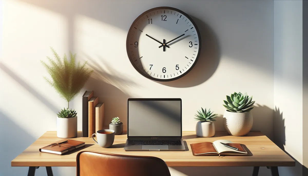 Minimalist wall clock above a clean desk with a closed laptop and a cup of tea