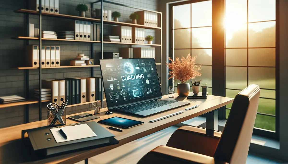 Professional coaching desk with organized folders, a laptop, and a tablet showing a content library