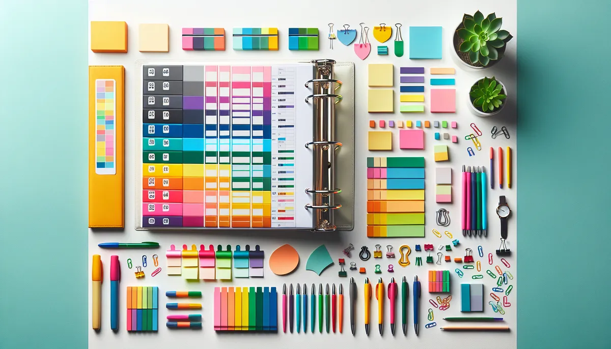 Colorful tab dividers organizing sections in a large binder on a bright desk