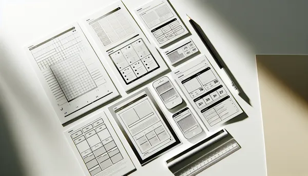 Four different layout mockup printouts fanned on a desk with a pencil and ruler