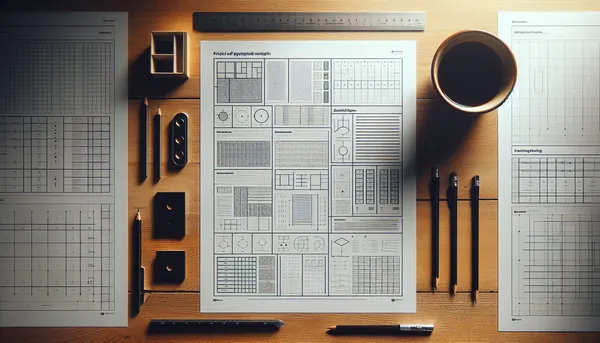 Template layout sheets spread on a desk with a ruler, pencil, and coffee