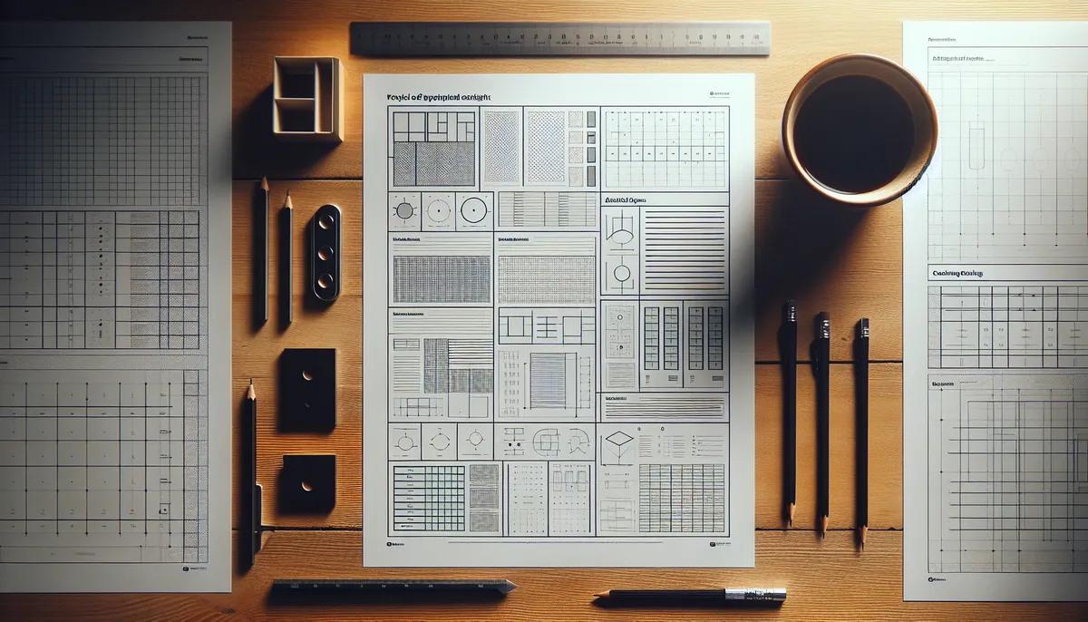 Template layout sheets spread on a desk with a ruler, pencil, and coffee
