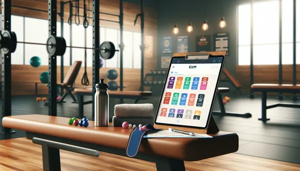 Gym bench with a training plan clipboard and a tablet showing supplementary coaching resources