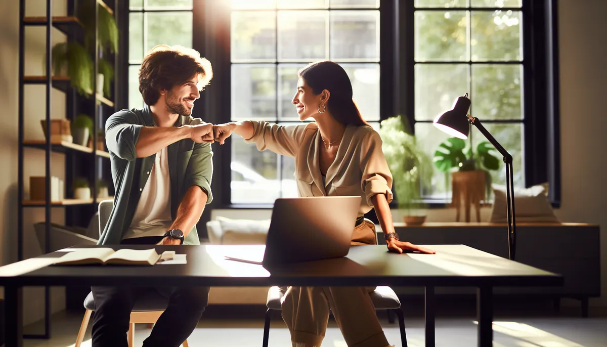 Two professionals fist-bumping across a desk with a laptop in a bright office