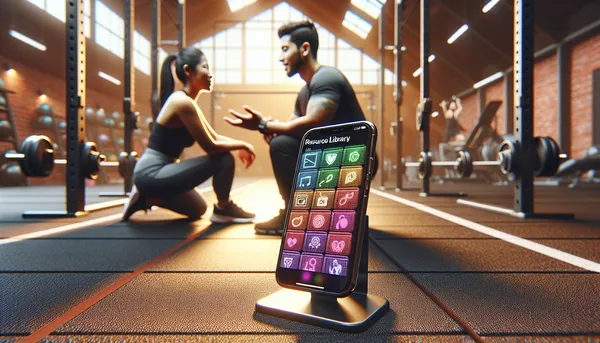Gym setting with a trainer and client in background and a phone showing digital resources in foreground