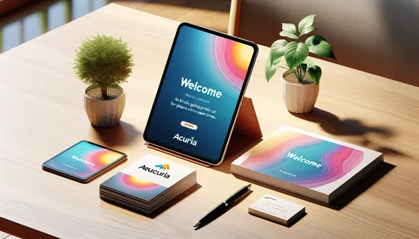 Welcome package on a desk with a tablet showing a welcome screen and printed coaching guides