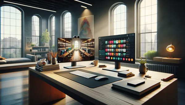 Split scene of a live video call on one screen and an on-demand library on another