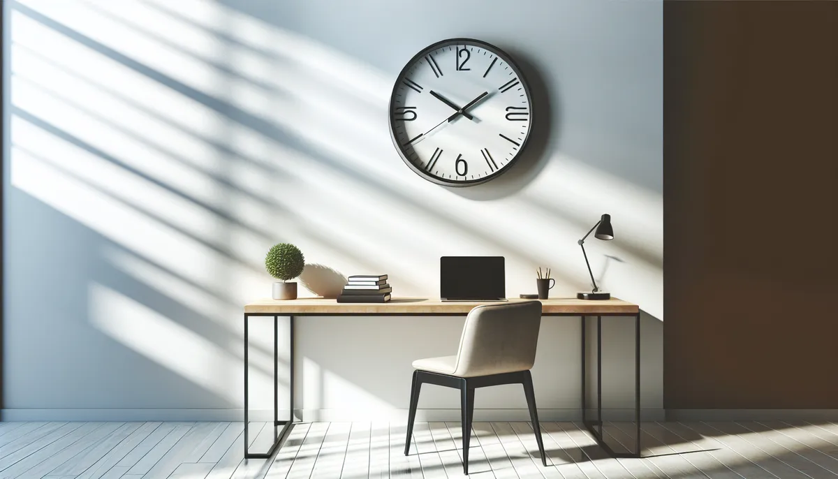 Minimalist clock on a wall above a tidy coach's desk with a laptop