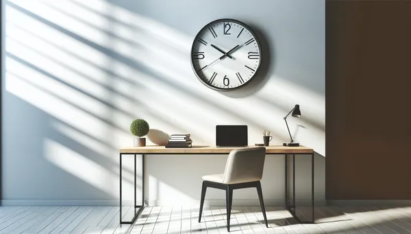 Minimalist clock on a wall above a tidy coach's desk with a laptop