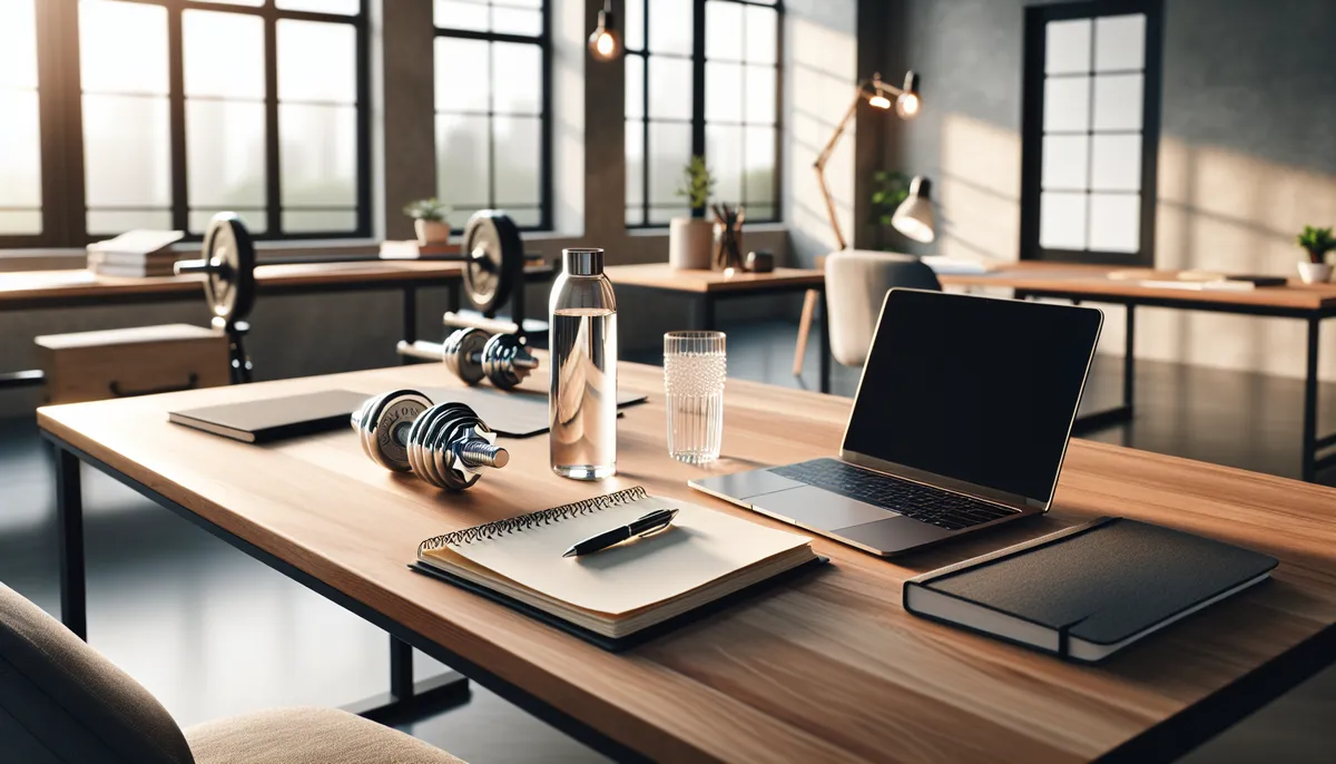 Professional coaching setup with a laptop, dumbbells, and a planning notebook on a modern desk